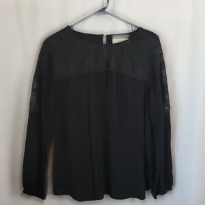 Loft Black Blouse Lace Yoke long sleeves Large Rayon Polyester keyhole EUC